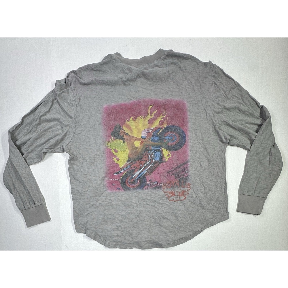 Boys Lie Long Sleeve Henley Shirt OS Oversized Gray Flames Angel Bike Graphic